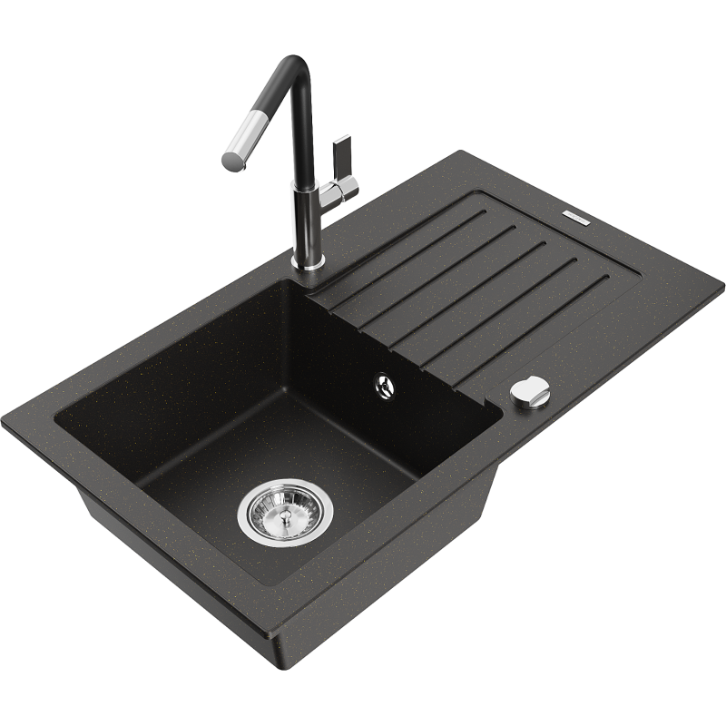 Mexen Pablo fregadero de granito de 1 cubeta con escurridor y grifo de cocina Flora, negro/dorado metálico - 6510-75-670401-07