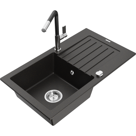 Mexen Pablo 1-bowl granite sink with drainer and Flora kitchen tap, black/gold metallic - 6510-75-670401-07