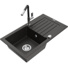 Mexen Pablo 1-bowl granite sink with drainer and Flora kitchen tap, black/gold metallic - 6510-75-670401-07