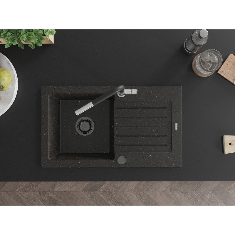 Mexen Pablo Granitspüle 1-Becken mit Abtropffläche und Küchenarmatur Flora, Schwarz/Gold Metallic - 6510-75-670401-07-B