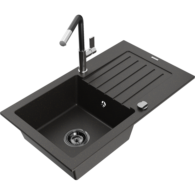 Mexen Pablo granieten gootsteen 1-kompartment met afdruiprek en keukenkraan Flora, zwart/goud metallic - 6510-75-670401-07-B