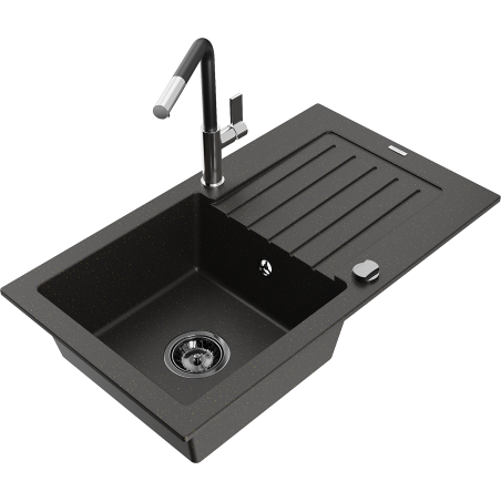 Mexen Pablo 1-bowl granite sink with drainer and kitchen faucet Flora, black/gold metallic - 6510-75-670401-07-B