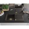 Mexen Pablo Granitspüle 1-Becken mit Abtropffläche und Küchenarmatur Flora, schwarz/goldener Metallic - 6510-75-670401-57-G