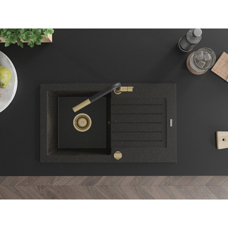 Mexen Pablo granite kitchen sink 1-bowl with drainer and Flora kitchen tap, black/gold metallic - 6510-75-670401-57-G