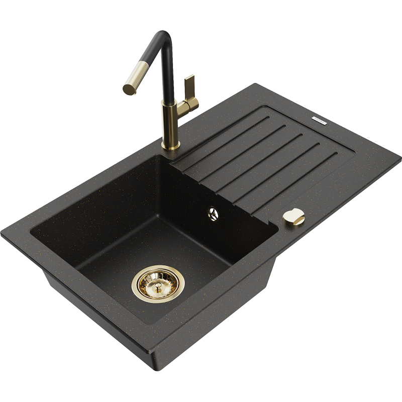 Mexen Pablo granieten gootsteen met 1 bak met afdruiprek en keukenmengkraan Flora, zwart/goud metallic - 6510-75-670401-57-G
