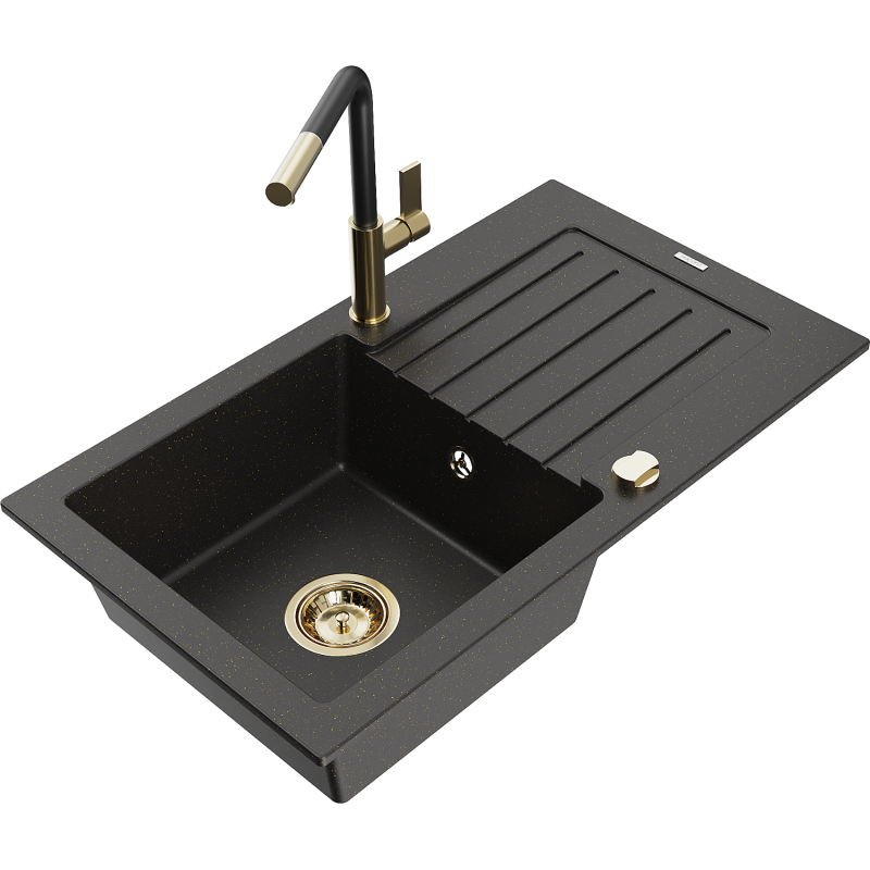 Mexen Pablo Granitspüle 1-Becken mit Abtropffläche und Küchenarmatur Flora, schwarz/goldener Metallic - 6510-75-670401-57-G