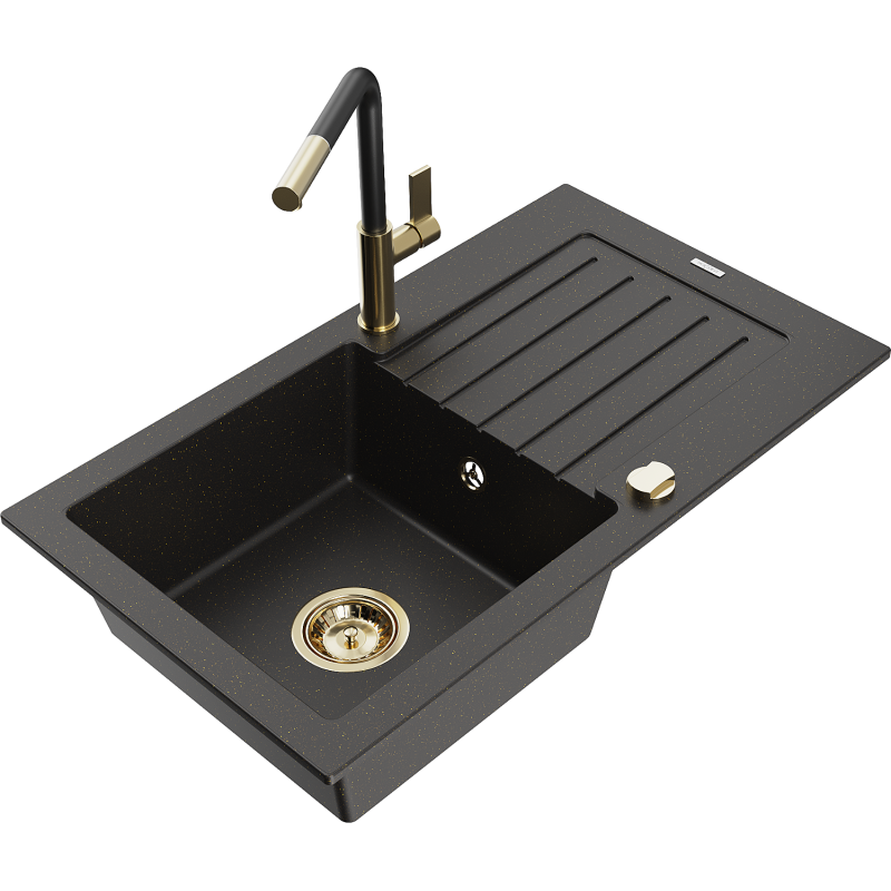 Mexen Pablo lava-loiça de granito de 1 cuba com escorredor e torneira de cozinha Flora, preto/dourado metálico