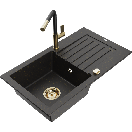 Mexen Pablo 1-bowl granite sink with drainer and Flora kitchen faucet, black/gold metallic - 6510-75-670401-57-G