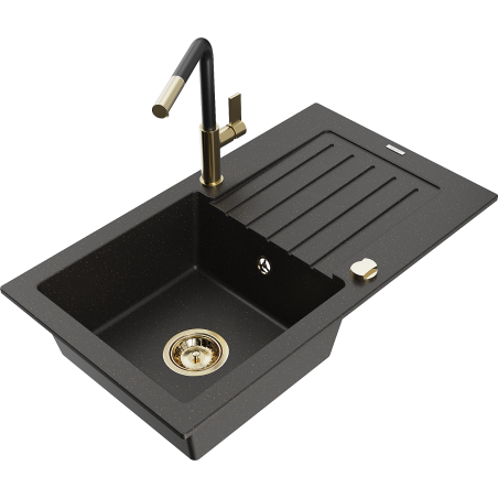 Mexen Pablo granieten gootsteen met 1 bak met afdruiprek en keukenmengkraan Flora, zwart/goud metallic - 6510-75-670401-57-G