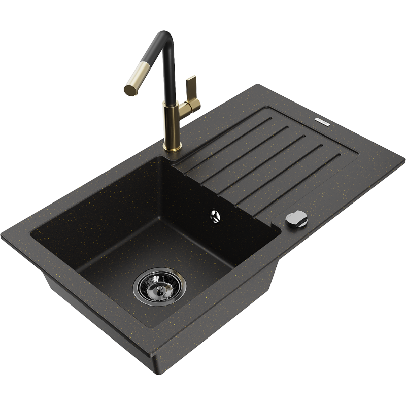 Mexen Pablo fregadero de granito de 1 cuba con escurridor y grifo de cocina Flora, negro/dorado metálico - 6510-75-670401-57-B