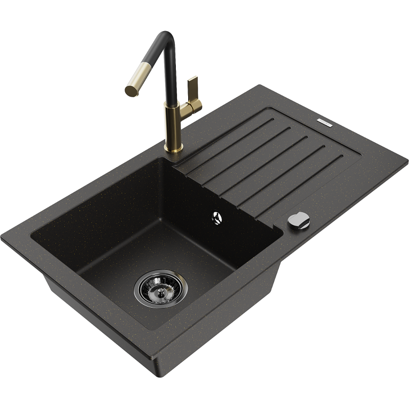 Mexen Pablo Granitspüle mit 1 Becken, Abtropffläche und Küchenarmatur Flora, schwarz/gold metallic - 6510-75-670401-57-B