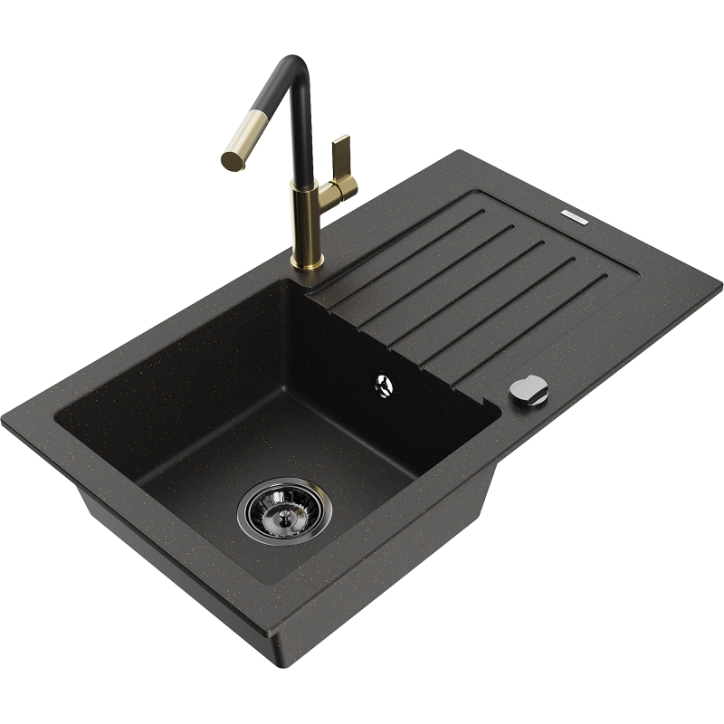 Mexen Pablo lava-louça de granito de 1 bacia com escorredor e torneira de cozinha Flora, preto/dourado metálico