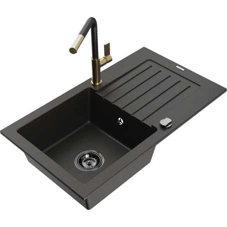 Mexen Pablo granite kitchen sink 1-bowl with drainer and Flora kitchen faucet, black/gold metallic - 6510-75-670401-57-B