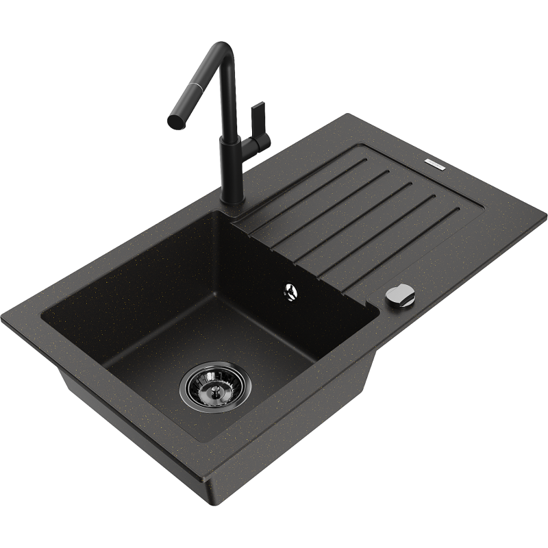 Mexen Pablo fregadero de granito de 1 cubeta con escurridor y grifo de cocina Flora, negro/oro metálico - 6510-75-670401-70-B