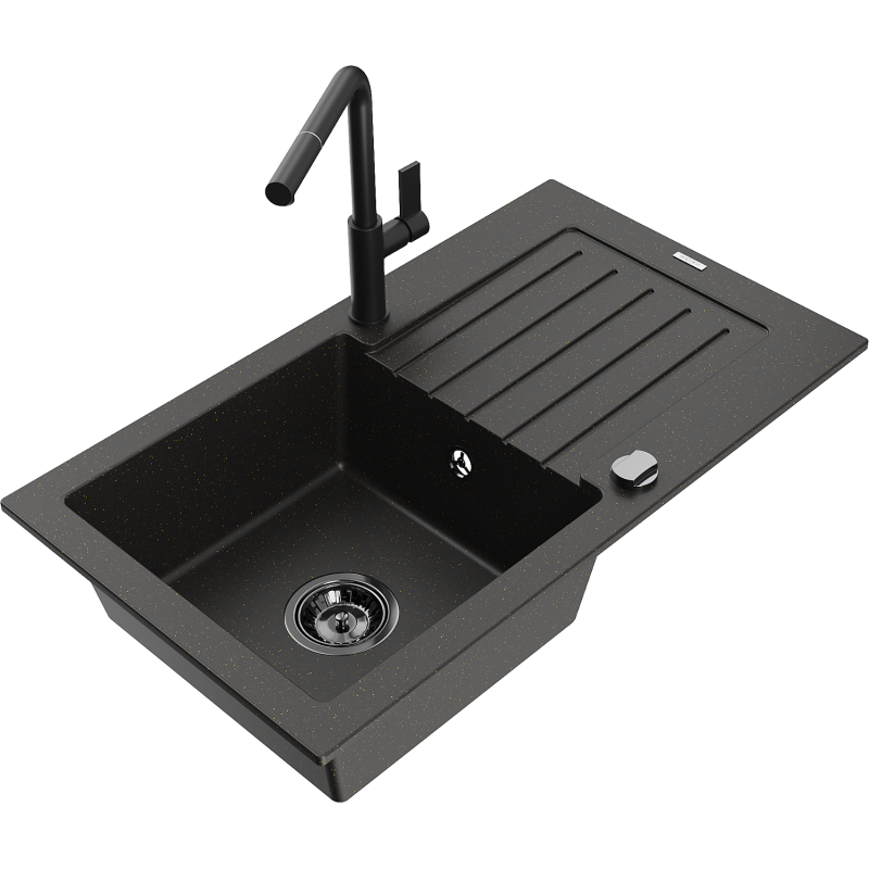 Mexen Pablo Granitespulli mat engem Becken mat Ofleef an Kichenkran Flora, schwaarz/gëllene Metallek - 6510-75-670401-70-B