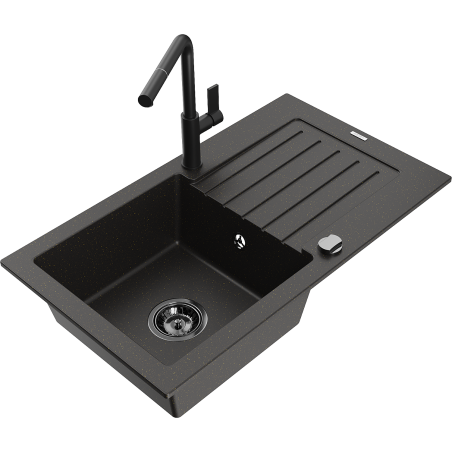 Mexen Pablo fregadero de granito de 1 cubeta con escurridor y grifo de cocina Flora, negro/oro metálico - 6510-75-670401-70-B