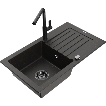 Mexen Pablo granitizlietne ar vienu nodalījumu, ar notecinātāju un virtuves jaucējkrānu Flora, melns/zeltains metālisks