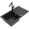 Mexen Pablo granitizlietne ar vienu nodalījumu, ar notecinātāju un virtuves jaucējkrānu Flora, melns/zeltains metālisks