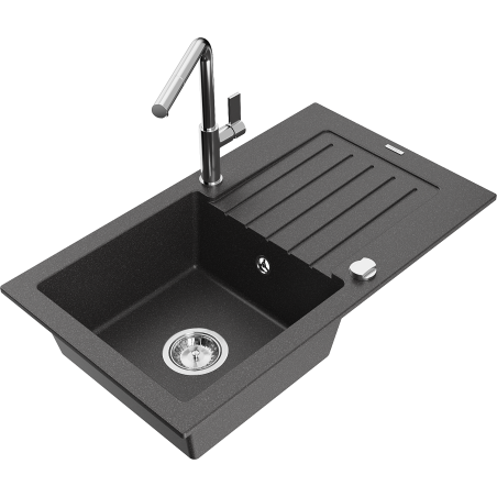 Mexen Pablo granitizlietne ar vienu nodalījumu, noteku un Flora virtuves jaucējkrānu, melns ar raibumiem - 6510-76-670401-00
