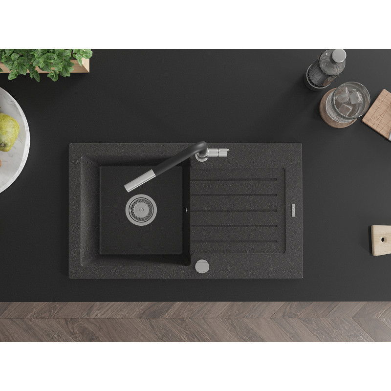 Mexen Pablo granite sink 1-bowl with drainer and kitchen tap Flora, black speckled - 6510-76-670401-07