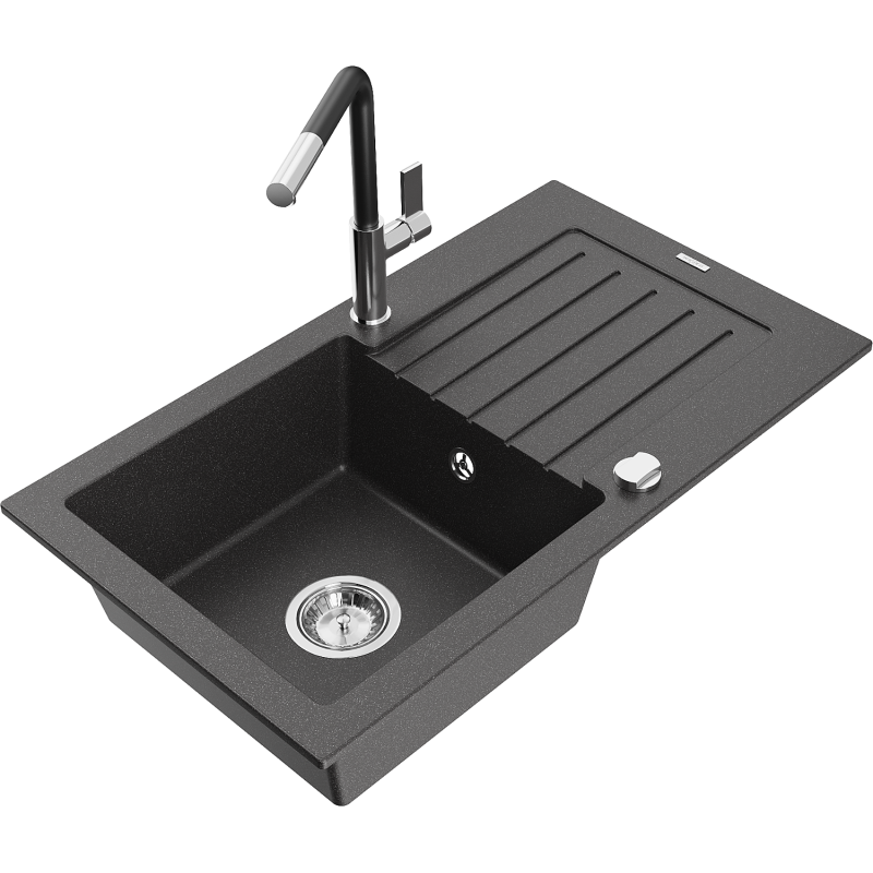 Mexen Pablo granite sink 1-bowl with drainer and kitchen tap Flora, black speckled - 6510-76-670401-07