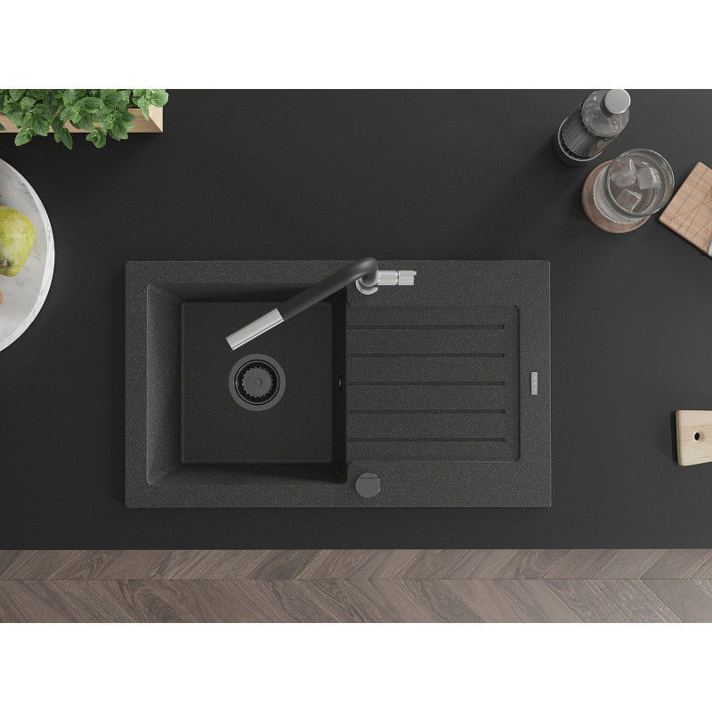 Mexen Pablo fregadero de granitode 1 cubeta con escurridor y grifo de cocina Flora, negro moteado - 6510-76-670401-07-B