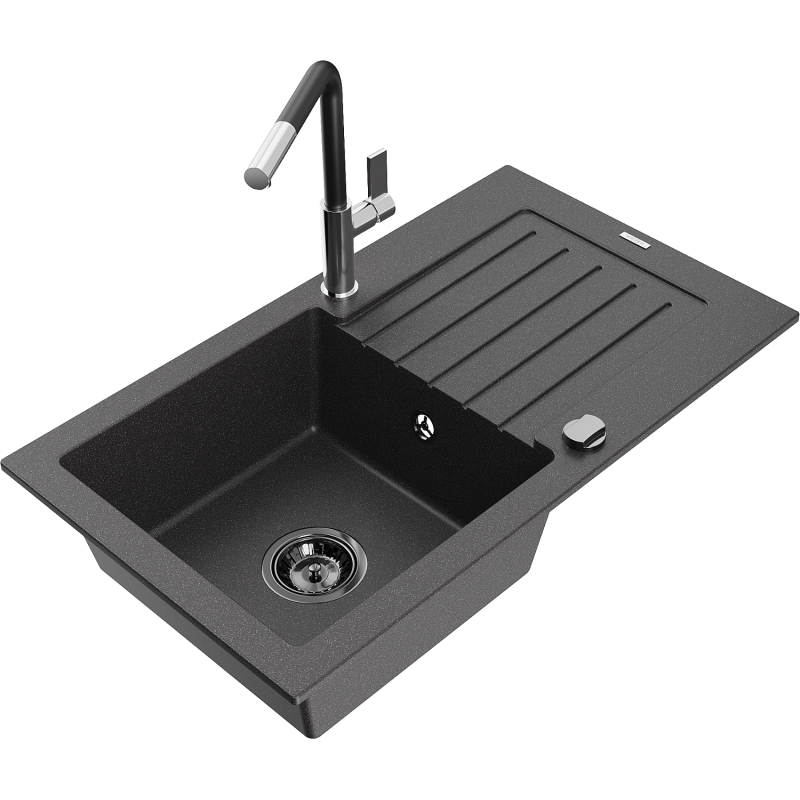 Mexen Pablo 1-bowl granite sink with drainer and Flora kitchen tap, speckled black - 6510-76-670401-07-B