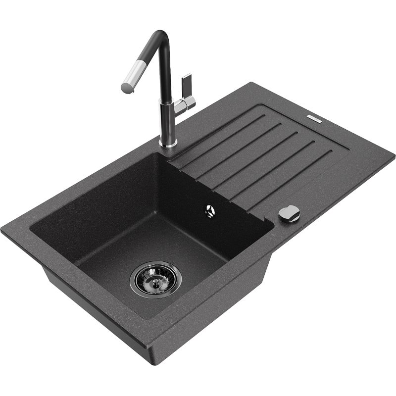 Mexen Pablo Granitspüle 1-Becken mit Abtropffläche und Küchenarmatur Flora, Schwarz Gesprenkelt - 6510-76-670401-07-B
