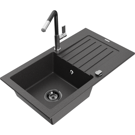 Mexen Pablo 1-bowl granite sink with drainer and Flora kitchen tap, speckled black - 6510-76-670401-07-B