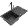 Mexen Pablo 1-bowl granite sink with drainer and Flora kitchen tap, speckled black - 6510-76-670401-07-B