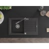 Mexen Pablo grānīta izlietne ar vienu nodalījumu, notecētāju un Flora virtuves jaucējkrānu, melna ar plankumiem
