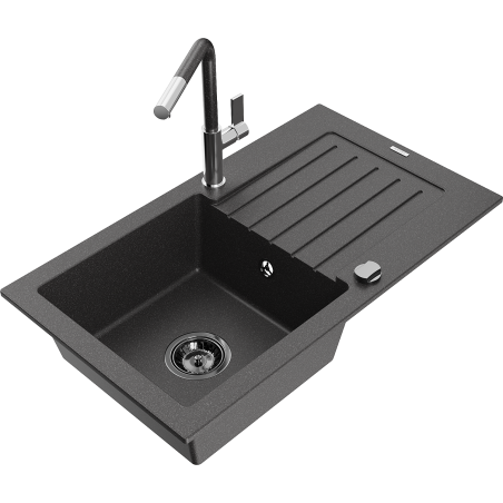 Mexen Pablo granite sink 1-basin with drainer and Flora kitchen tap, black speckled - 6510-76-670401-08-B