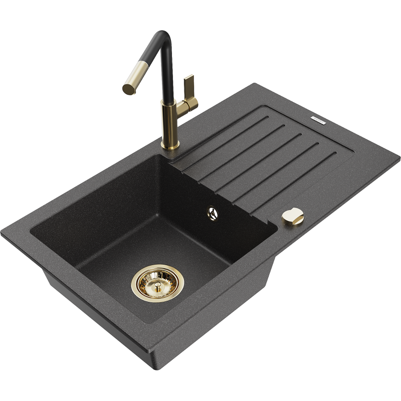 Mexen Pablo granieten spoelbak 1-kamer met afdruiprek en keukenmengkraan Flora, zwart gespikkeld - 6510-76-670401-57-G