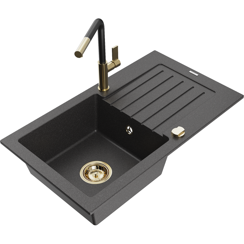 Mexen Pablo graniittinen 1-allas keittiöallas tyhjennyksellä ja keittiöhana Flora, musta pilkullinen - 6510-76-670401-57-G