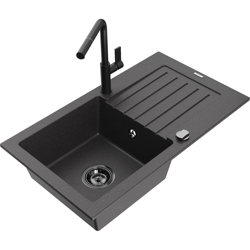 Mexen Pablo évier en granit 1 bac avec égouttoir et robinet de cuisine Flora, noir moucheté - 6510-76-670401-70-B