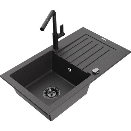 Mexen Pablo évier en granit 1 bac avec égouttoir et robinet de cuisine Flora, noir moucheté - 6510-76-670401-70-B