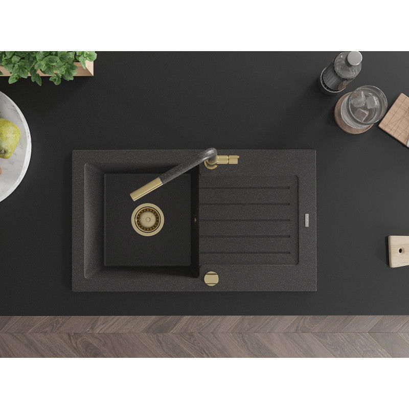 Mexen Pablo granite sink 1-bowl with drainer and kitchen tap Flora, black speckled - 6510-76-670401-75-G