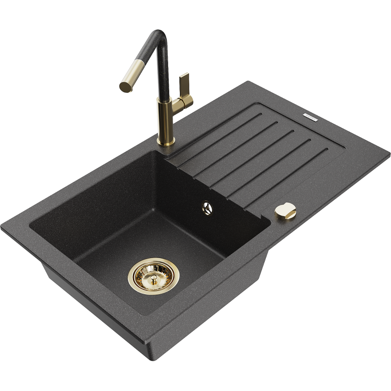 Mexen Pablo granite sink 1-bowl with drainer and kitchen tap Flora, black speckled - 6510-76-670401-75-G