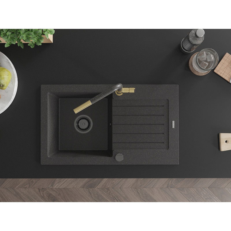 Mexen Pablo granitizlietne 1-nodalītejs ar notecētāju un virtuves maisītāju Flora, melns ar punktiem - 6510-76-670401-75-B