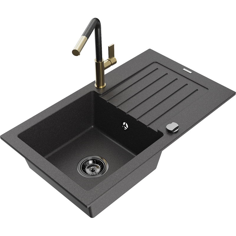 Mexen Pablo lavello in granito 1-vasca con sgocciolatoio e rubinetto da cucina Flora, nero maculato - 6510-76-670401-75-B