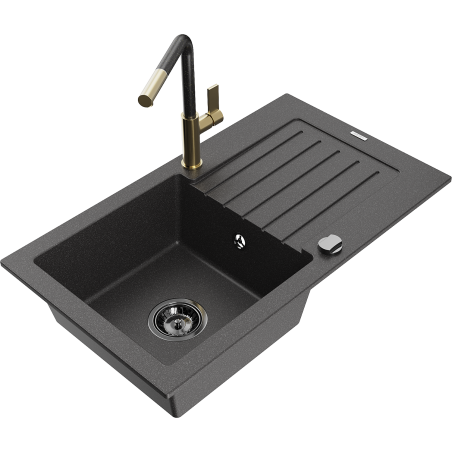 Mexen Pablo évier en granit 1 bac avec égouttoir et robinet de cuisine Flora, noir moucheté - 6510-76-670401-75-B