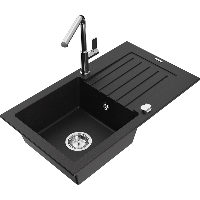 Mexen Pablo granitazlietne 1-kamera ar noteces vietu un virtuves krānu Flora, melna - 6510-77-670401-00