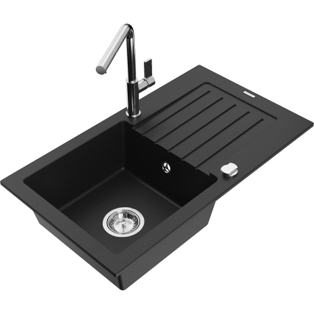 Mexen Pablo granite sink 1-bowl with drainer and Flora kitchen tap, black - 6510-77-670401-00