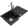 Mexen Pablo granite sink 1-bowl with drainer and Flora kitchen tap, black - 6510-77-670401-00