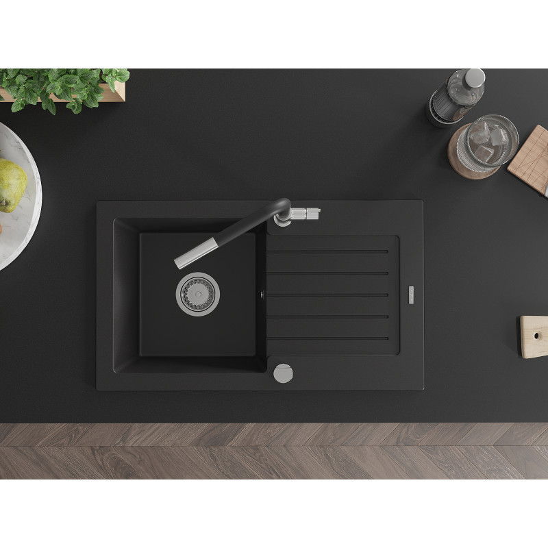 Mexen Pablo granite kitchen sink with 1 bowl, drainer and Flora kitchen tap, black - 6510-77-670401-07