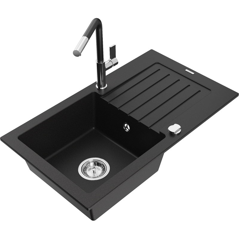 Mexen Pablo fregadero de granito de 1 cubeta con escurridor y grifo de cocina Flora, negro - 6510-77-670401-07