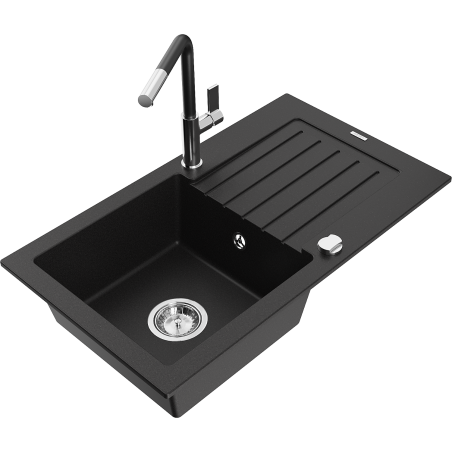 Mexen Pablo granite kitchen sink with 1 bowl, drainer and Flora kitchen tap, black - 6510-77-670401-07