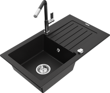 Mexen Pablo granite kitchen sink with 1 bowl, drainer and Flora kitchen tap, black - 6510-77-670401-07