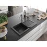 Mexen Pablo Granitspüle mit 1 Becken, Abtropffläche und Küchenarmatur Flora, schwarz - 6510-77-670401-07-B