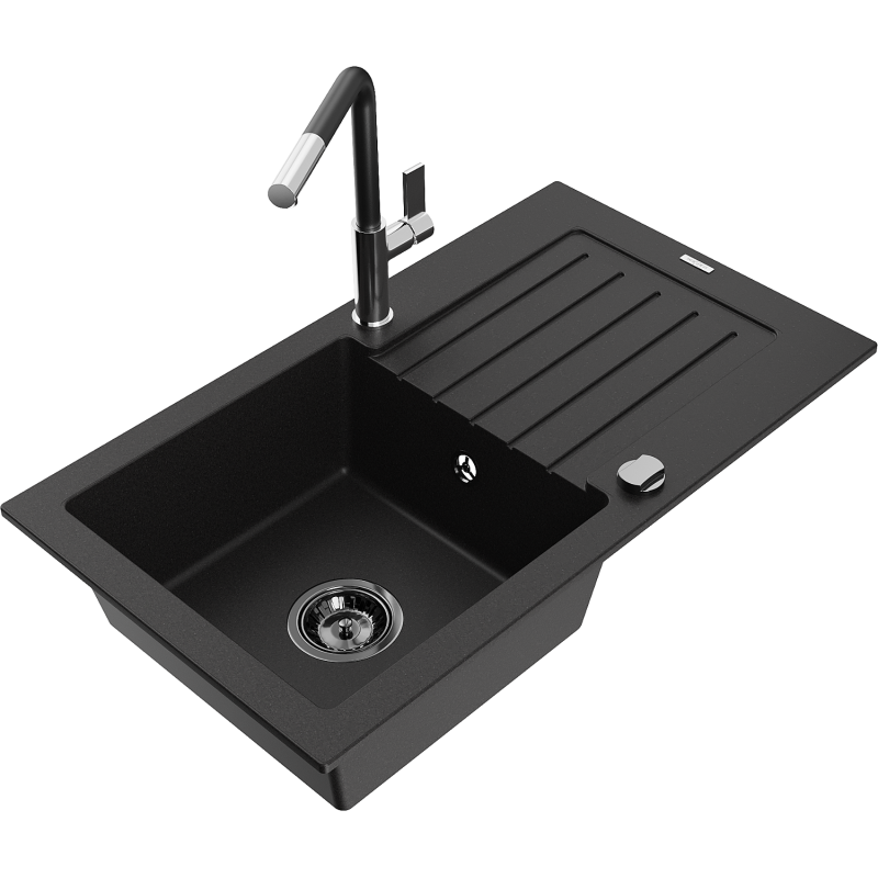 Mexen Pablo graniittinen 1-allas pesuallas työtasollesijoitettava, jossa kuivausteline ja Flora keittiöhana, musta